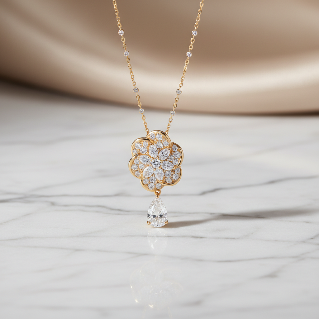 18k gold diamond pendant necklace on white marble