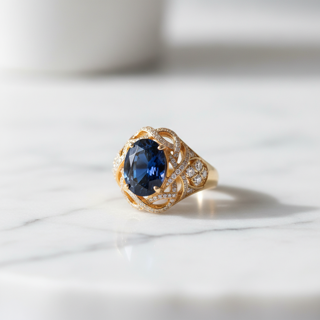 Gold sapphire cocktail ring on white marble