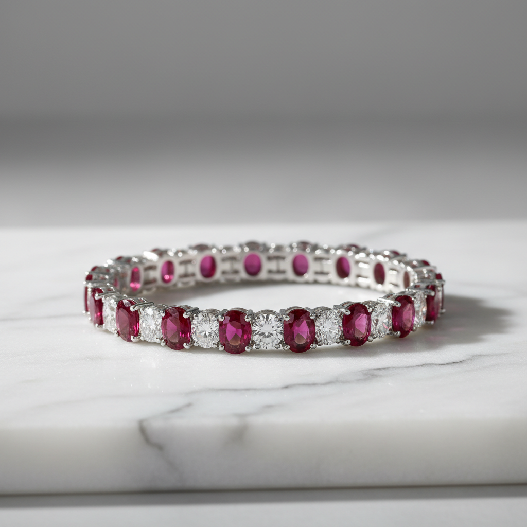 Ruby and diamond tennis bracelet on white marble